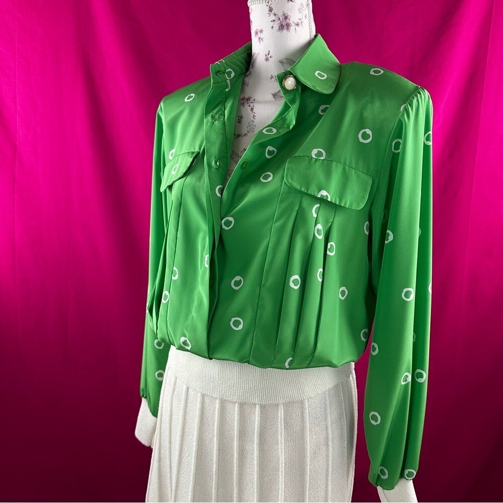 Vintage 80s 2-Piece Set Green Blouse & White Skirt Castleberry Size‎ 10 USA Made